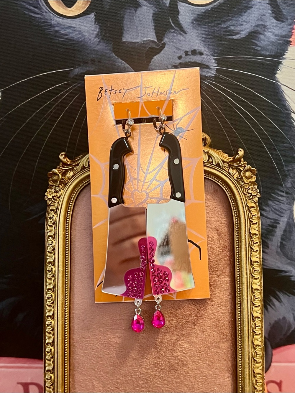 Betsey Johnson Meat Cleaver Dangle Earrings Pink Crystal NWT